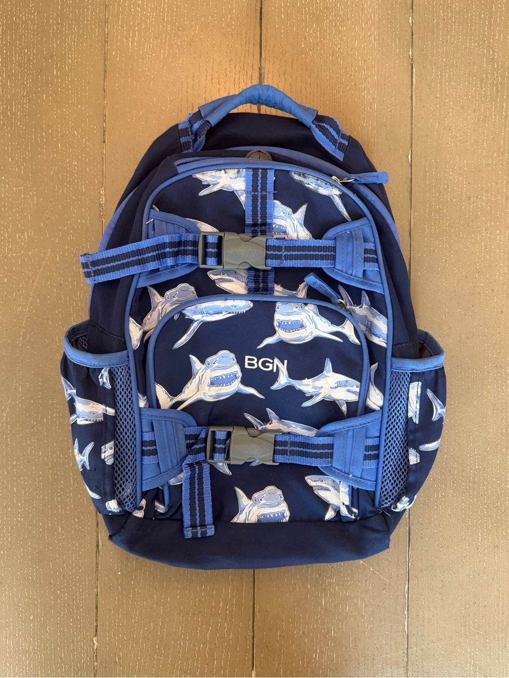Pottery Barn Kids Navy Blue Sharks Boys Small Mackenzie Backpack “BGN” Initials